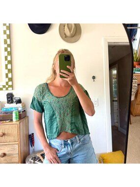 SOLEMIO LACE BOHO BLOUSE TOP GREEN WOMENS SIZE SMALL